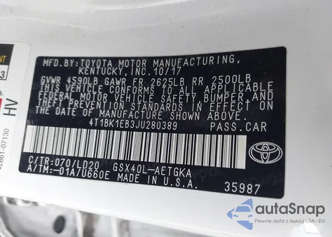 2018 Toyota Avalon Xle from USA, damaged, VIN 4T1BK1EB3JU280389